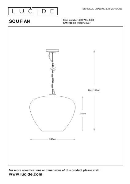 Lucide SOUFIAN - Hanglamp - Ø 40 cm - 1xE27 - Fumé - technisch
